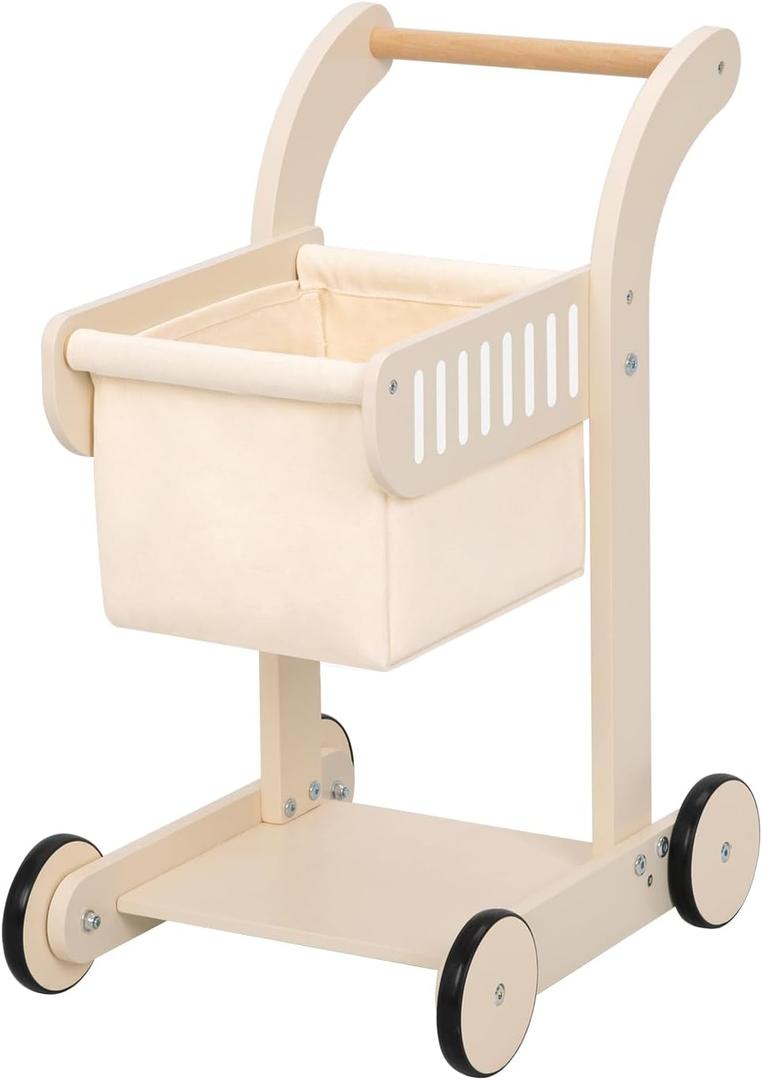 OOOK Baby Push Walker Doll Stroller, Wooden Baby Walker for Girls and Boys, Kids Shopping Cart for Toddlers, Kids Stand Learning Walker with 4 Wheels