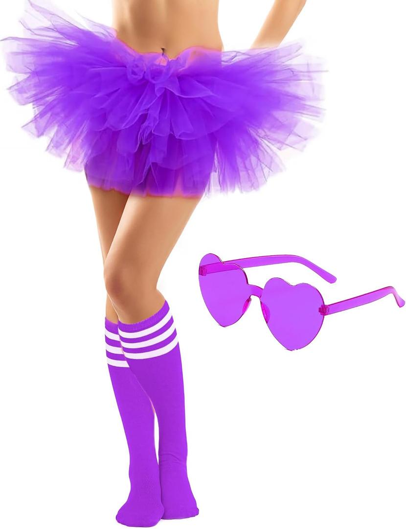 Adult Tutus for Women, 5 Layered Tulle Tutu Skirt Set with Heart Sunglasses and Knee High Socks Party Favors