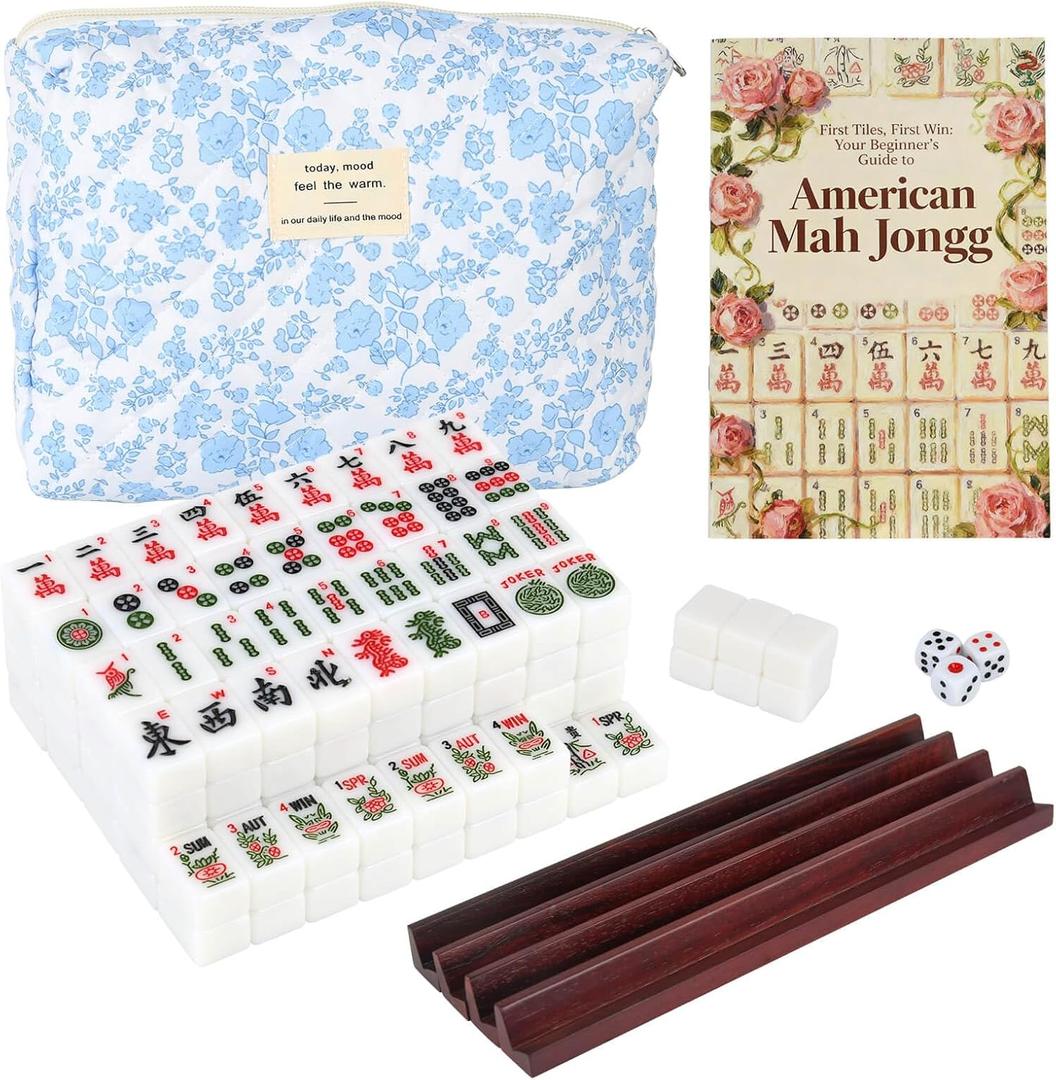 Travel American Mahjong Tile Set, 166 PCS 0.8 Inch Mini Mahjong Game Tiles, 4 Wooden Racks, Floral Storage Bag, 3 Dice & Beginner's Guide, Complete Portable Set