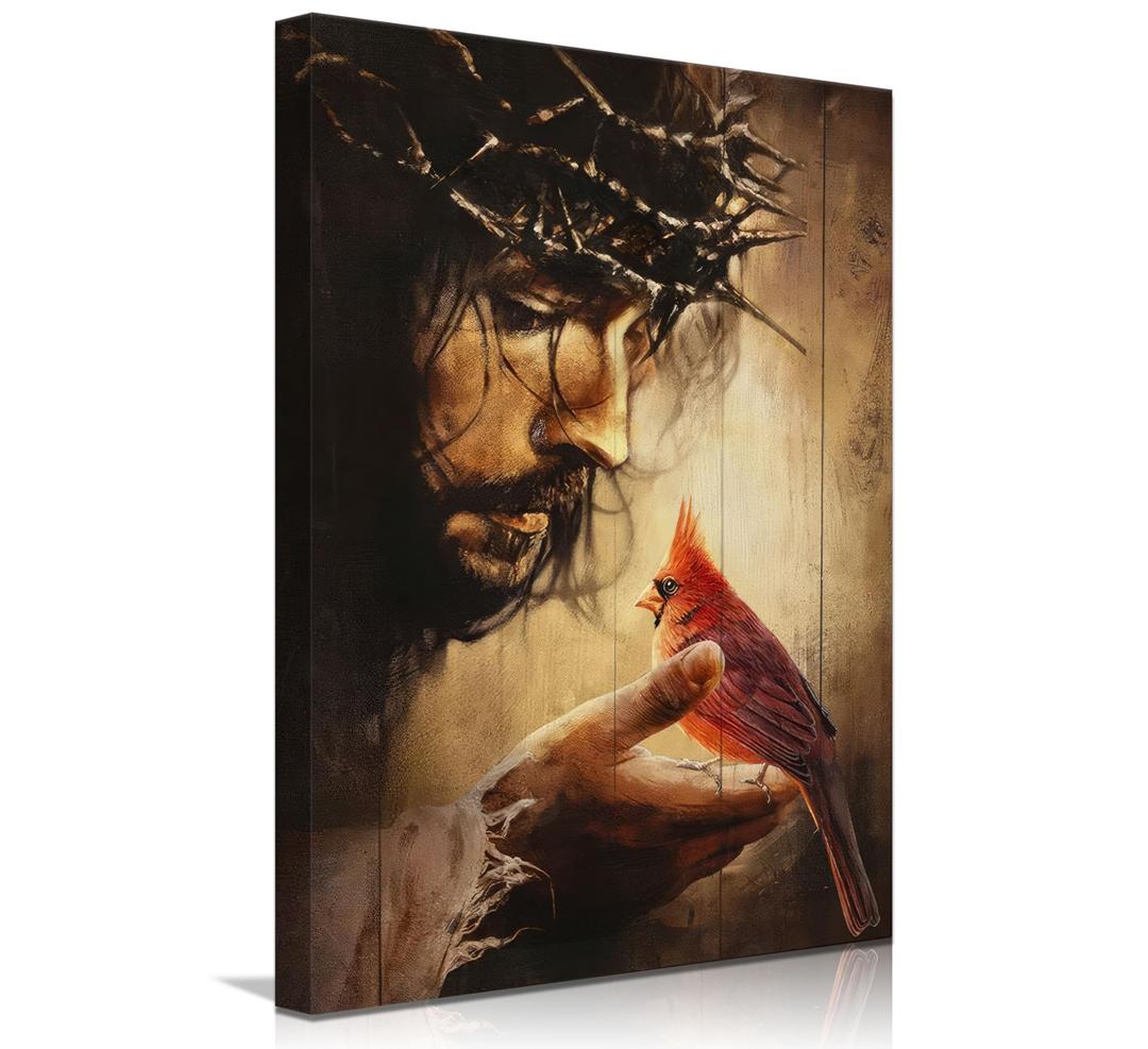 EAGLOG Jesus Christ with Red Cardinal Canvas Wall Art, Crown of Thorns Christian Religious Decor, Bird on Hand Spiritual Artwork for Living Room Bedroom Church Prayer Room Home Decorate