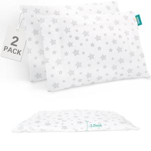 Thin Toddler Pillow 2 Pack with Pillowcase (13 x 18 x 1.2 Inches), Cotton Kid Pillow for Sleeping, Machine Washable Soft Travel Pillows, Toddler Use Only, Age 2 to 5 (Grey Star)
