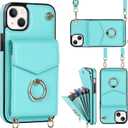 iPhone 12/iPhone 12 Pro Case 6.1 inch, Minimalist Wallet Case with Rotatable Ring Holder and Shoulder Strap, Shockproof Faux Leather Protective Cover - Blue