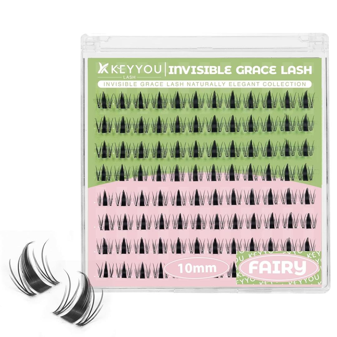 KEYYOU Fairy Lash Clusters 144Pcs D Curl Manga Lash Extension Eyelash Extension Wispy Natural Invisible Band Lash with Waterproof DIY Lash Extension at Home(Fairy-D-10MM)