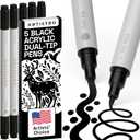 ARTISTRO 5 Black Dual-Tip Acrylic Paint Pens for Rock, Ceramic, Glass, Wood, Fabric - Black Markers for Acrylic Painting, 5mm Dot + 1mm Fine Tips