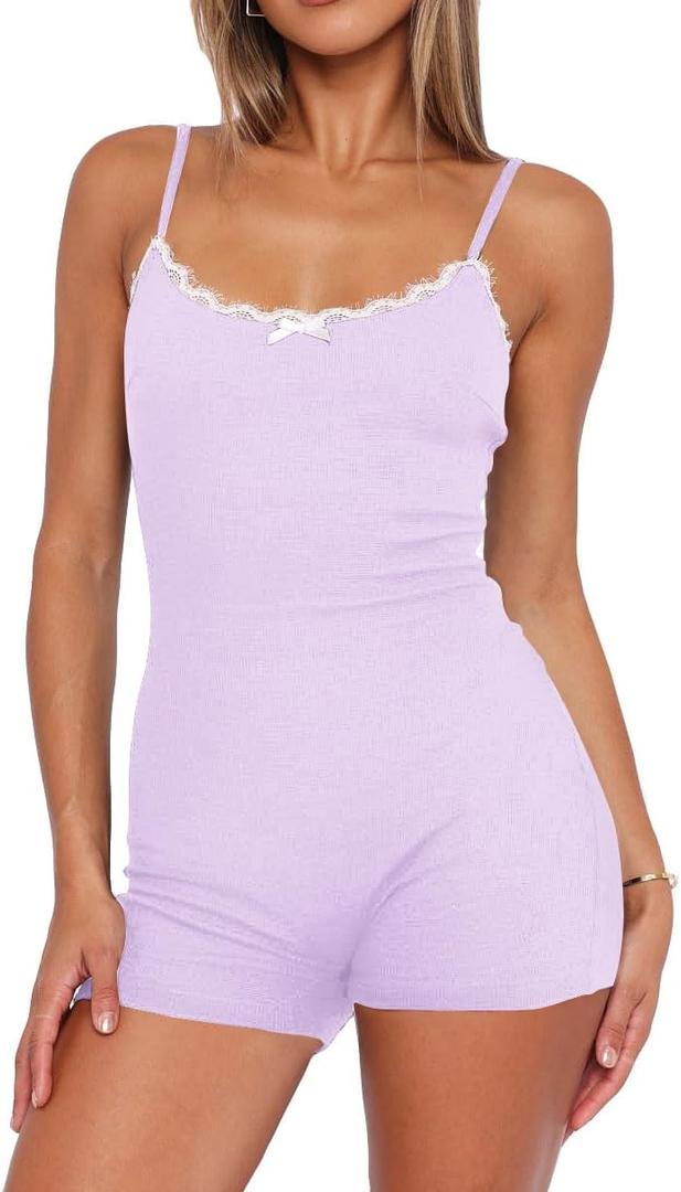 Ezbelle Rompers for Womens Short Jumpsuits Lace Pajamas Onesie Backless Bodysuit Date Night Summer Outfits (Small, Purple)
