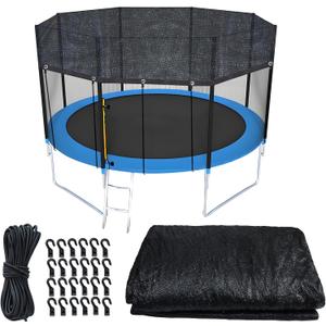 Upgraded Trampoline Cover 12FT Round Heavy Duty Sunblock Cloth Black Top Sun Shade & Leaf Protection Mesh Tarp with 49FT Elastic Cord & Plastic Hooks for Outdoor Backyard Playground(Tent Only)