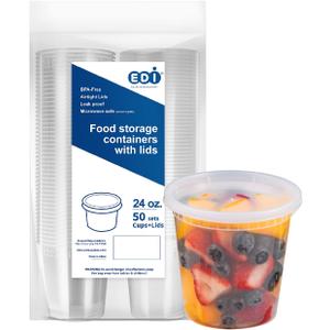EDI [24 OZ, 50 Sets] Plastic Deli Food Storage Containers with Airtight Lids | Microwave-, Freezer-, Dishwasher-Safe | BPA Free | Heavy-Duty | Meal Prep | Leakproof | Recyclable