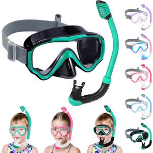 Vvinca Snorkeling Gear for Kids Dry Top Kids Snorkel Set for Boys Girls Junior Youth Children Age 4-14 Swim Goggles with Nose Cover Anti-Fog Panoramic View Adjustable Elastic Diving Mask and Snorkel (B-Green Black)