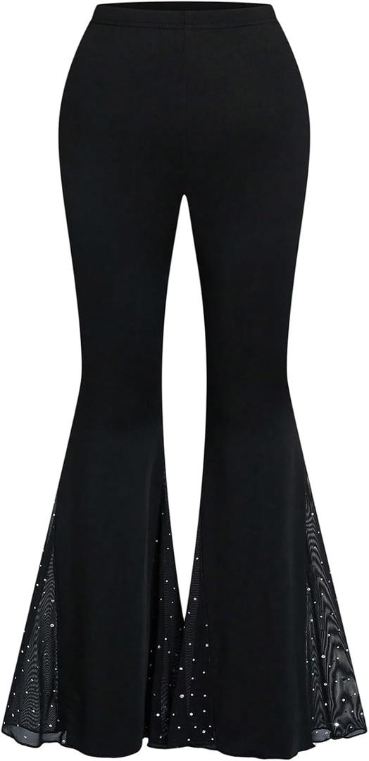 Floerns Women's Plus Size Rhinestone Flare Leggings High Waist 70s Disco Rave Bell Bottoms Black Large Plus