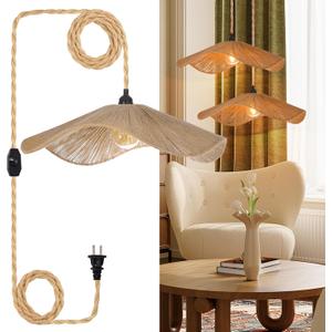 19.6" Boho Plug in Hanging Lamps, 16.4FT Dimmable Hemp Rope Pendant Light Cord Kit, Hand Woven Coastal Plug in Cord Hanging Lighting Fixture for Bedroom Living Room Kitchen Dining Room (Bulb Included)