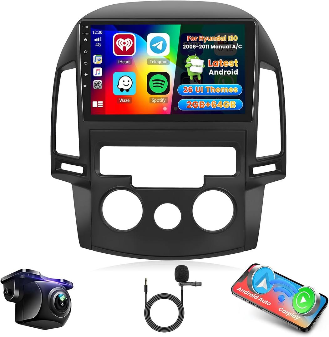 [Manual A/C] Car Radio Stereo for Hyundai I30 2006-2011 Built in Carplay/Android Auto, 9 inch IPS Touch Screen Head Unit Radio with DSP BT GPS FM RDS WiFi 2G RAM 64G ROM