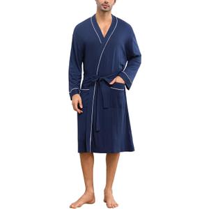 Mens Lightweight Robe Cotton Blend Kimono Bathrobe with Pockets, Soft Breathable Absorbent Loungewear for Home (XXL)