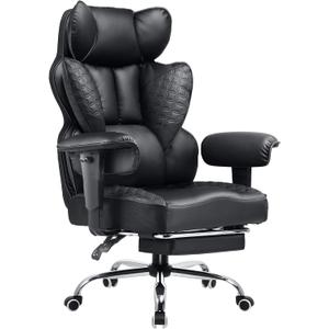 COMHOMA Big and Tall Office Chair Heavy Duty Wide Ergonomic Gaming Chair with Deluxe Embossing Designed Leather with Foot Rest,150Reclining Adjustable Armrests Pocket Spring Back Support and Pillow (01-luxury Black)