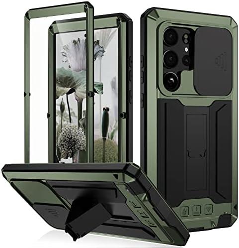 Simicoo Samsung S23 Plus Case with Screen Camera Protector Kickstand, Samsung S23 Plus Rugged Military Metal Heavy Duty Case with Stand Screen Protector Slide Camera Cover for Man Outdoor (Green)