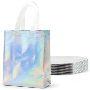 PACKINNO 15 Pcs Iridescent Gift Bags with Handles, 8x4x10 Inch Holographic Reusable Gift Bags Medium Size, Ideal for Birthday, Christmas, Party Favors, Wedding, Holidays, Valentines (Silvery)