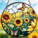 Stained Glass Window Hanging, Sunflowers Suncatcher 7.8 in Sun Catcher Glass Panel Boho Wall Art Decor with Chain Diamond Glass Panel Hangings Scenery Sun Catchers Decor for Lover Couple Mom