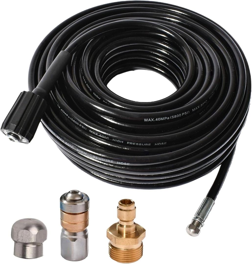 100FT 5800 PSI Pressure Washer Hose Jetter Nozzles Kit 1/8NPT Sewer Drain Rotating Quick Connect Nozzle Button Nose With M22-14/15mm Double Rod Thread Brass Replacement