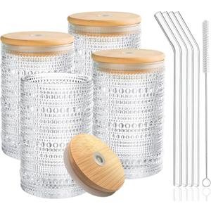Hobnail Drinking Glasses with Bamboo Lids and Glass Straw 4Pcs Set - 14oz Vintage Glass Cups, Water Glasses, Iced Coffee Glasses, Cute Tumbler Cup, Ideal for Cocktail, Whiskey, Gift - Cleaning Brushes