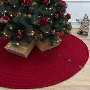 60-Inch Rib Knit Christmas Tree Skirt with Oak Buttons, Burgundy