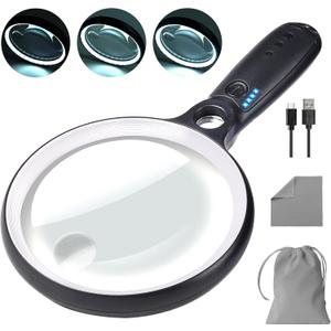 Large Magnifying Glass with 37 LED Light, 10X 20X 45X Handheld Illuminated Lighted Magnifier with 3 Light Modes Rechargeable Magnifying Glass for Seniors Reading, Inspection (White & Black)