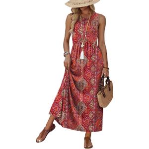 WIHOLL Summer Dresses Babydoll Maxi Dress Empire Waist Beach Vacation Sundresses 2026 with Pockets, M