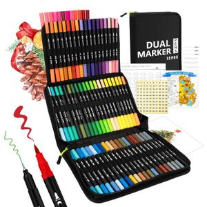 Markers for Adult Coloring Books No Bleeding, 72 Colors Dual Tip Coloring Markers for Adults, Brush&Fine Tip Art Supplies for Calligraphy, Journaling, Sketching, Christmas Gifts for Teens with Case