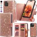 Varikke for iPhone 15 Pro Wallet Case Detachable with Card Holder for Women, Fashion Glitter PU Leather Strap Strong Magnetic Flip Wallet Removable Phone Case Cover for iPhone 15 Pro 6.1", Rose Gold