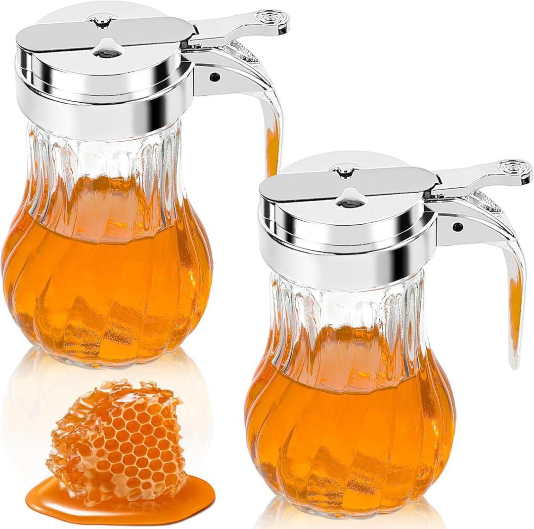 2Pcs 8oz Syrup Dispenser Honey Pot Glass Honey Dispenser Jar, Maple Syrup Dispenser, Honey Container, Commercial Quality With Handle Honey Dispenser for Home Kitchen Storage (2, Twill weave 2 Pack)