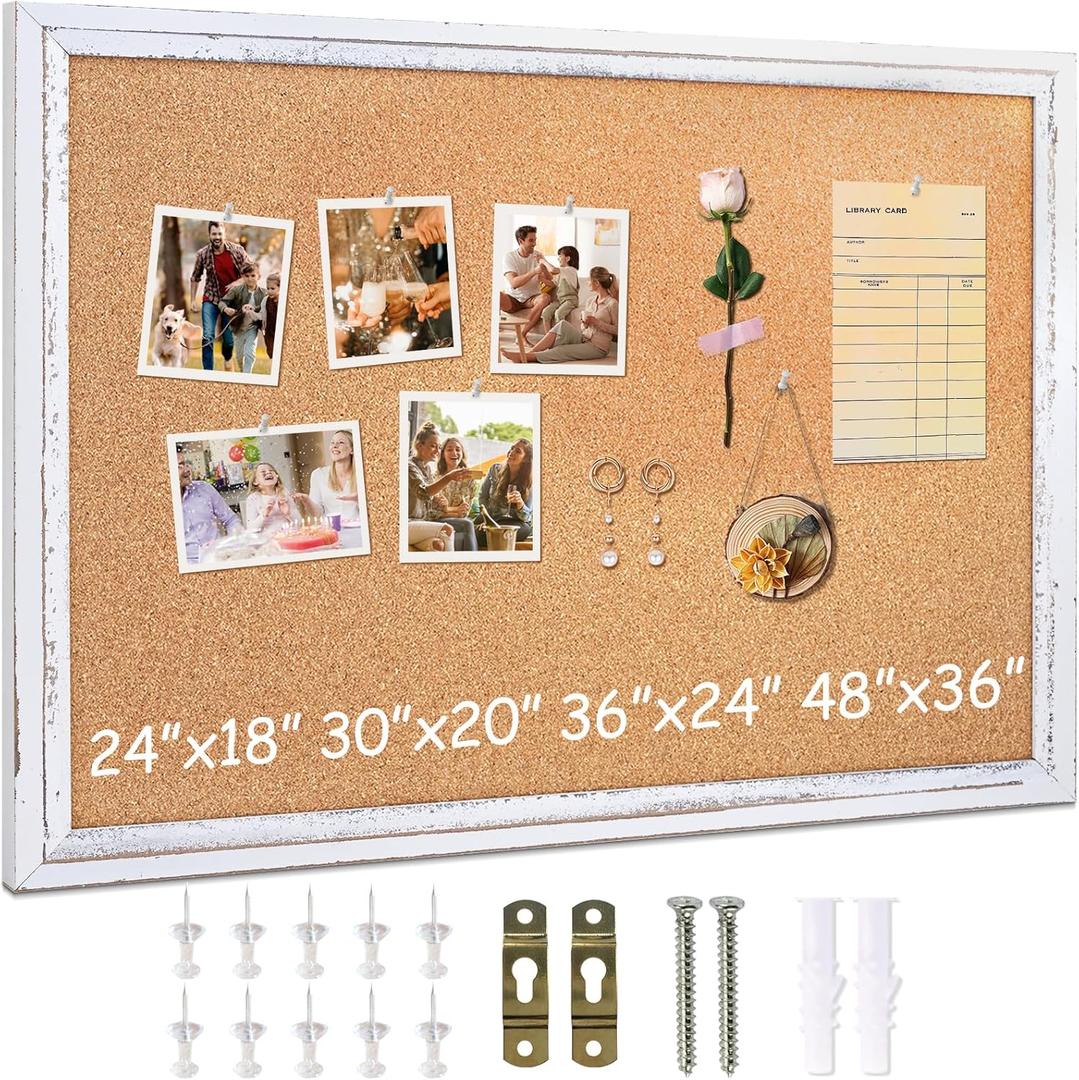 DOLLAR BOSS White Cork Board for Wall - 30 X 20 Inches, Rustic Wooden Frame Bulletin Board, Decorative Hanging Pin Board for Office & Home Decor