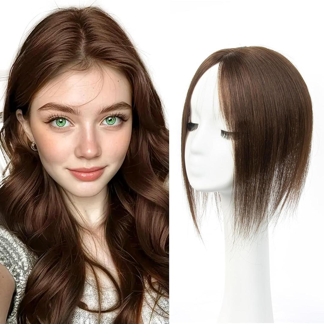 Real Human Hair Topper for Women, Clip in Short 8Inch Dark Brown Hair Topper with Real Scalp, Small Lightweight Secure Hold Topper for Thinning Hair/Receding Hairline, Seamless Blend Daily Wear