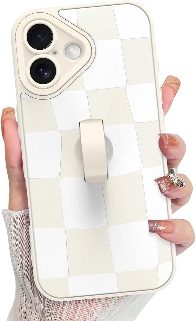 KANGHAR Compatible with iPhone 17 Case 2025, Silicone Checkered Cute Pattern, Wristband Kickstand Camera Protection Soft Slim Cover for Girls Women -White