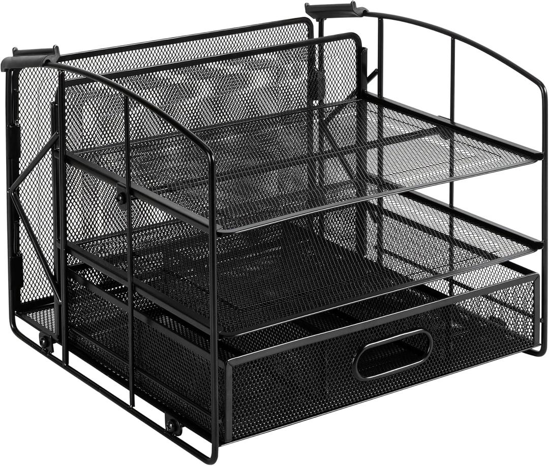 Amazon Basics Rectangular Desk Organizer 3 Tray w/Sliding Drawer and Hanging File Holder, Black