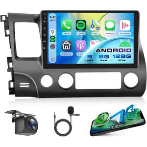 8 Core 6G+128G CAR Radio for Honda Civic 2006-2011, Rimoody Car Stereo with Wireless Carplay and Android Auto Mirror Link Android 13 GPS WiFi DSP10.1 Inch Touchscreen BT FM/RDS EQ SWC Backup Camera