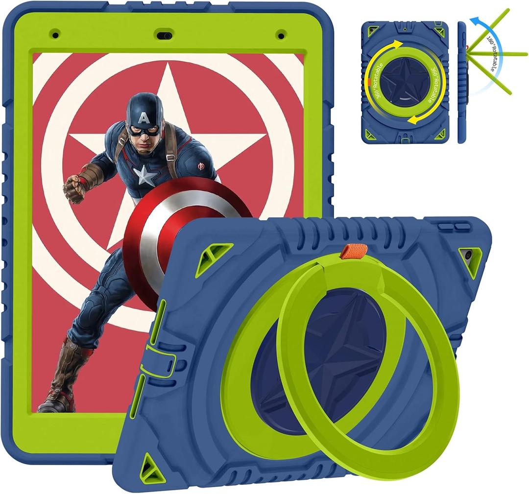 XZC iPad 9th/ 8th/ 7th Generation Case (iPad 10.2 Case 2021/2020/2019) Heavy Duty Shockproof Rugged Cover with Rotating Stand/Pencil Holder/Carrying Shoulder Strap (Blue and Green)