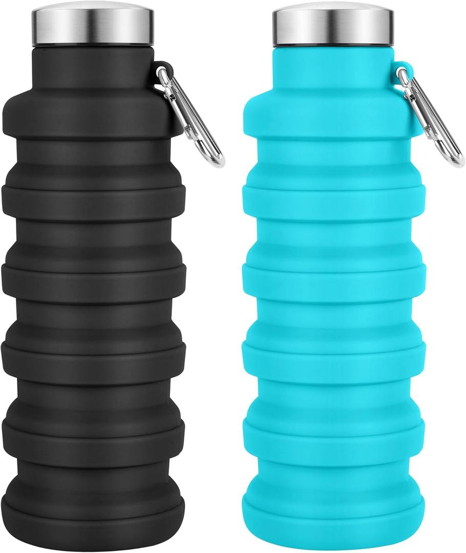 Collapsible Water Bottles 17oz, Portable Leak-Proof Travel Water Bottle, Reusable BPA Free Silicone Foldable Water Bottle with Carabiner for Gym, Traveling, Camping, Hiking, Sports(Black+Blue)