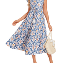 GRACE KARIN Womens Summer Floral Midi Dresses Short Sleeve Beach Wedding Guest Dress Drawstring Long Flowy Dress with Pockets L Light Blue White Floral