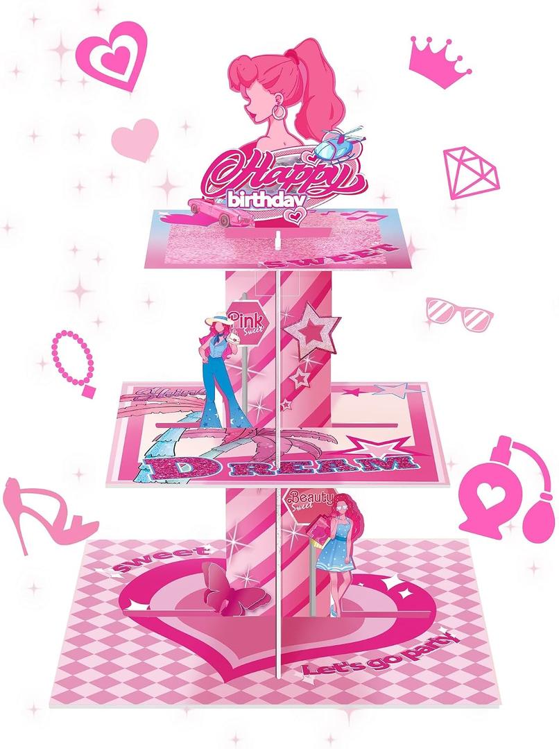 3 x Pink Girl Cupcake Stand Princess Doll Birthday Party Supplies for Pink Girls Birthday Cupcake Decoration Girls Doll Party 3 Tier Dessert Table Displays