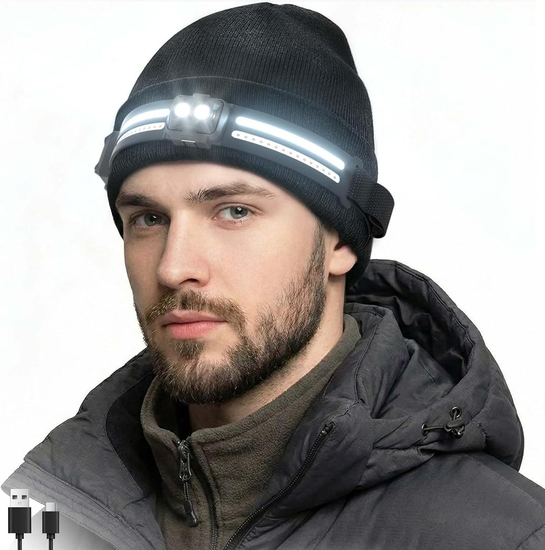 EGUKU Rechargeable Headlamp Beanie, 1200Lumens Bright Beanie with Light, 260Wide Beam Unisex Hat Headlamp 11 Lighting Modes, Hat with Red&Green Light 5oz Lightweight for Women Men (Carbon Black)