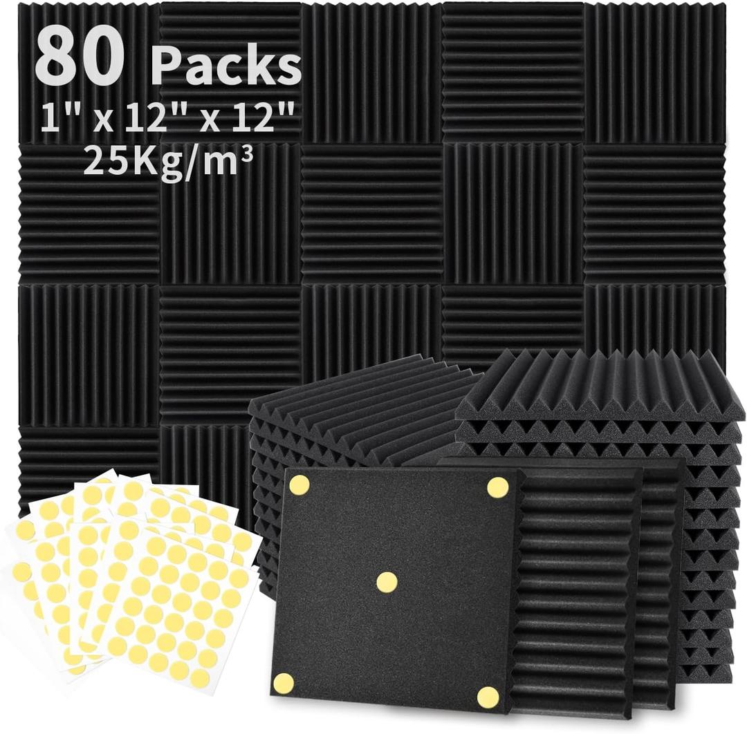 Focusound 80 Pack Acoustic Foam Panels 1" x 12" x 12" Sound Proof Foam Panles Soundproofing Noise Cancelling Wedge Panels for Home Office Recoding Studio with 420PCS Double-Side Adhesive