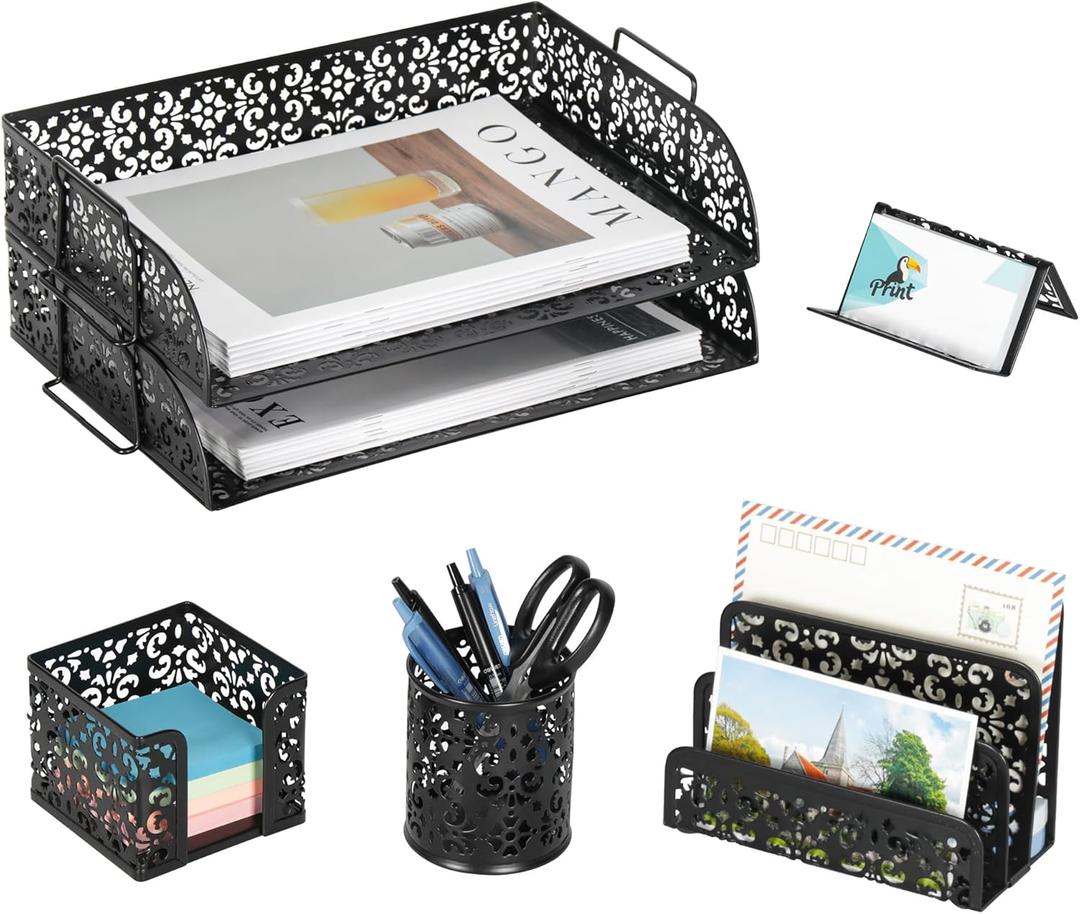 EasyPAG Desk Organizers and Accessories 5 Pieces Office Supplies Set - 2 Tier Paper Tray, Pencil Organizer for Desk, Mail Sorter Countertop, Business Card Holder and Sticky Note Holder, Black