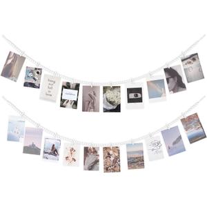 Mkono Hanging Photo Display with Clips, Boho Wooden Bead Garland Banner, Collage Card Picture Kids Art Holder String with 10 Clips for Christmas Bedroom Dorm Decor, Teen Girl Gifts, White, 2 Pack