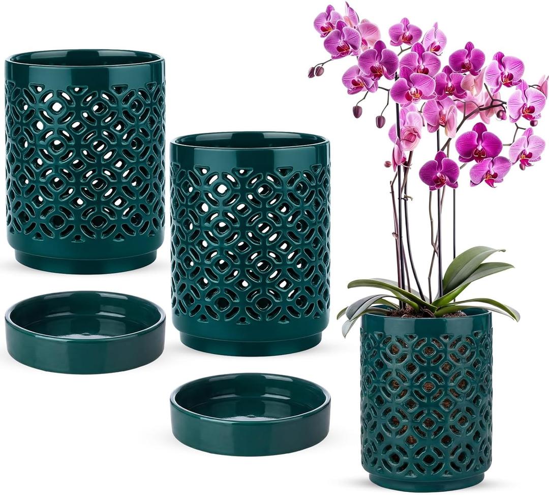 2 Pack 4 Inch Orchid Pots with Holes and Saucers, Ceramic Orchid Pot for Repotting, Flower Planter Pot Indoor Outdoor, Breathable Slotted Orchids Planter Gifts for Moms (Green)
