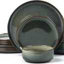 E-far Dinnerware Sets for 4, 12-Piece Stoneware Plates and Bowls Set, Ceramic Dishes Reactive Glaze Dinning Ware, Microwave & Dishwasher Safe - Obsidian Green