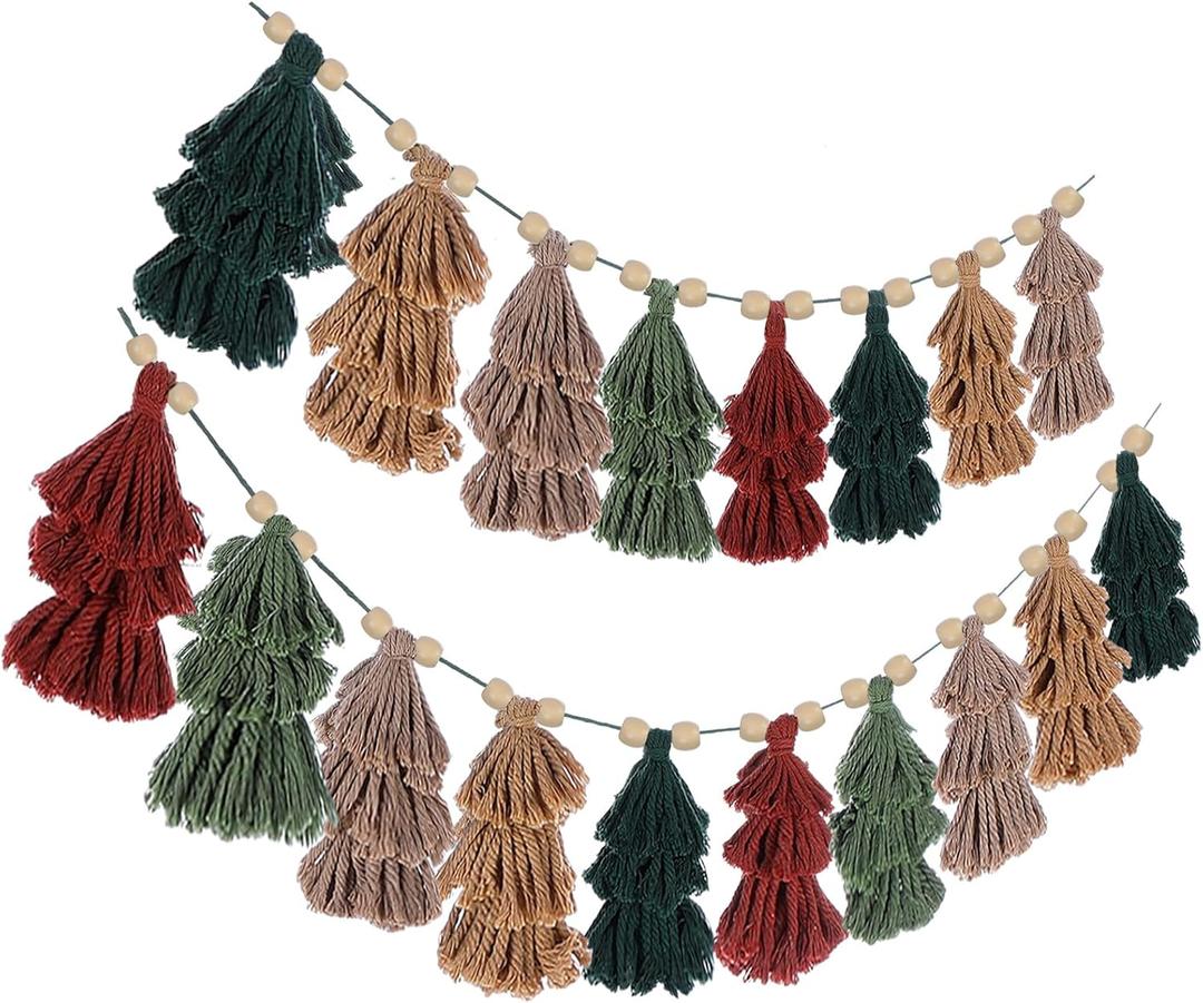 Breling 2 Pcs Christmas Boho Tassel Garland with Wood Beads 60 Inch Rustic Hanging Decor in Neutral Earth Tones Holiday Banner Woodland Office Fireplace Mantel Wall Christmas Decoration Indoor Outdoor