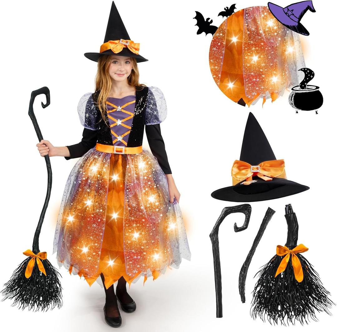 Spooktacular Creations Witch Costume Kids, Light Up Halloween Costumes Witch Dress with Hat and Broom for Girls, Sweet Wizard Set for Toddler Scary Halloween Themed Parties, Orange, S