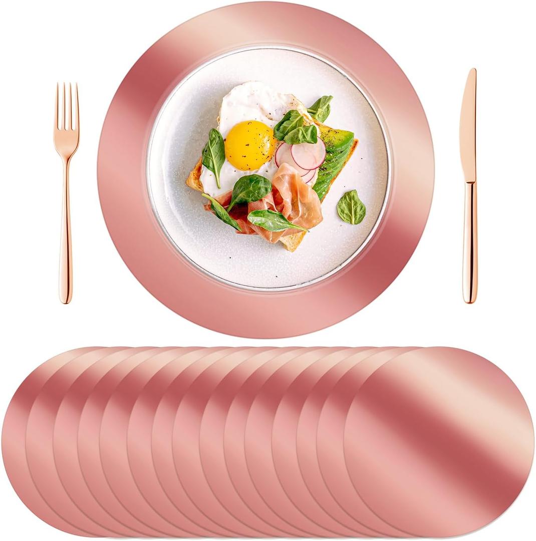 50PCS Round Rose Gold Placemats, 13" Disposable Paper Placemats for Dining Table, Mirrored Rose Gold Charger Place Mat for Kitchen Banquet Table Setting Wedding Birthday Dinner Party Decor