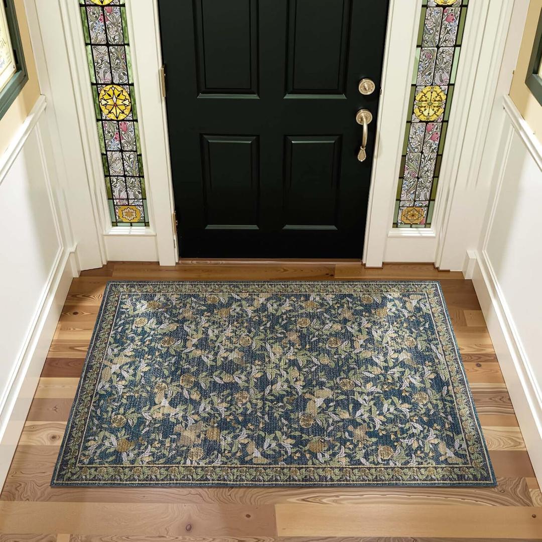 jinchan Eden Floral Washable Area Rug 3x5 Entryway Rug Vintage Lightweight Soft Non-Slip Indoor Low Pile Distressed Blue Green Carpet for Living Room Kitchen Bedroom Entrance Laundry Nursery