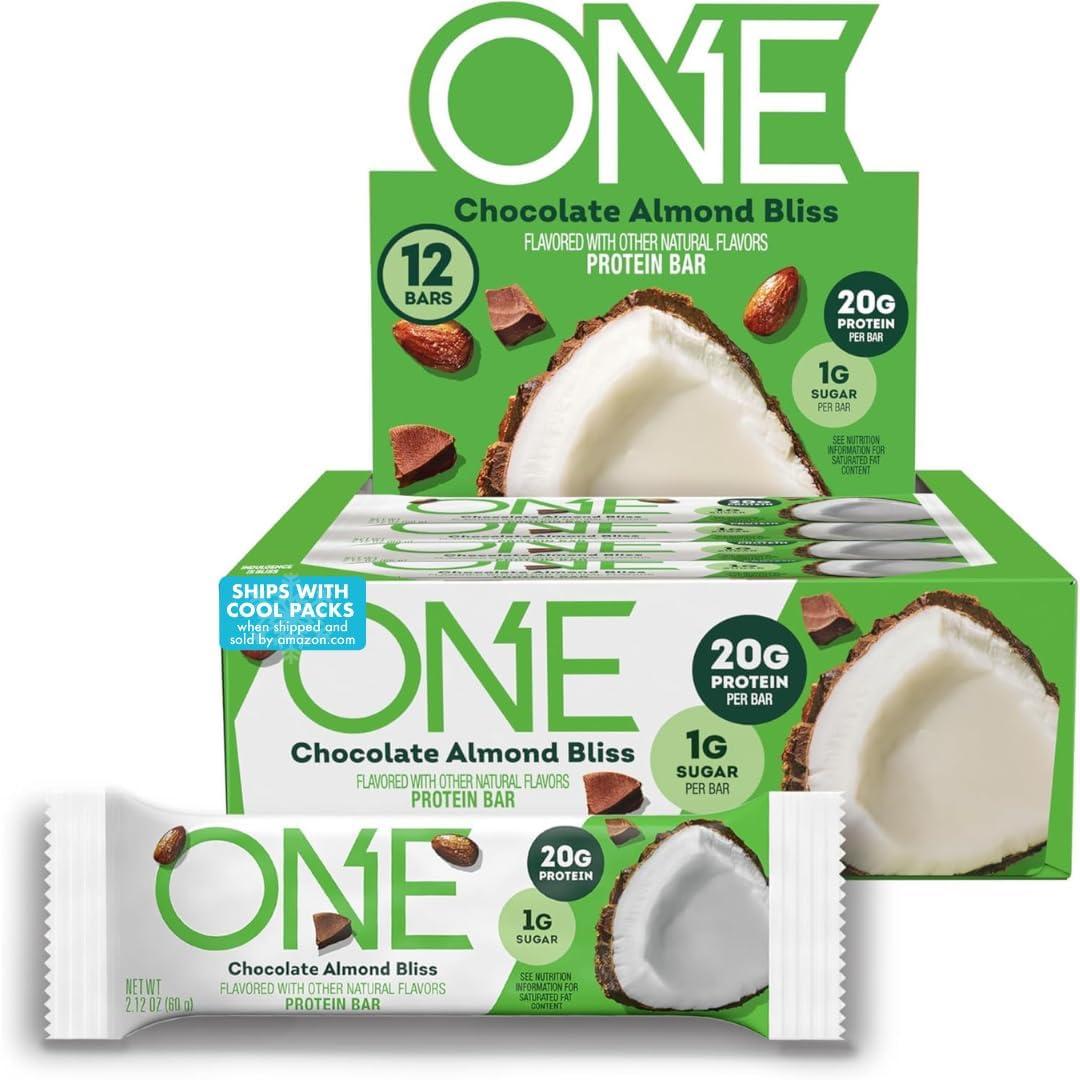 ONE Protein Bars, Chocolate Almond Bliss, Gluten Free with 20g Protein and 1g Sugar, Pantry Staples, 2.12 oz (12 Pack), Packaging May Vary, BBD 3/26