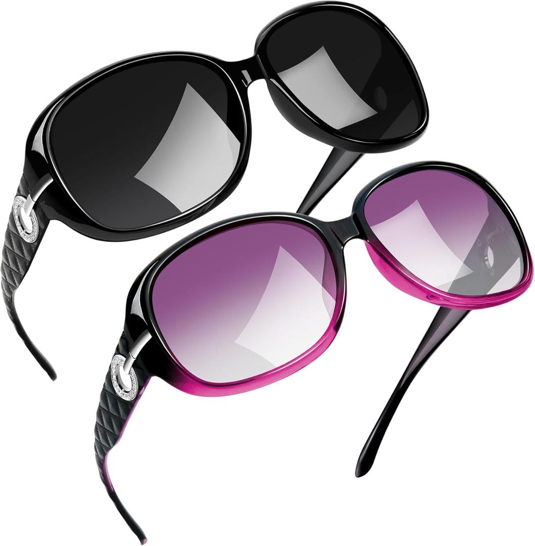 Joopin Big Womens Sunglasses Polarized Trendy Sun Glasses Large Rectangle UV Protection Rhinestone Sunnies (C06-diamond Black + Gradient Purple)