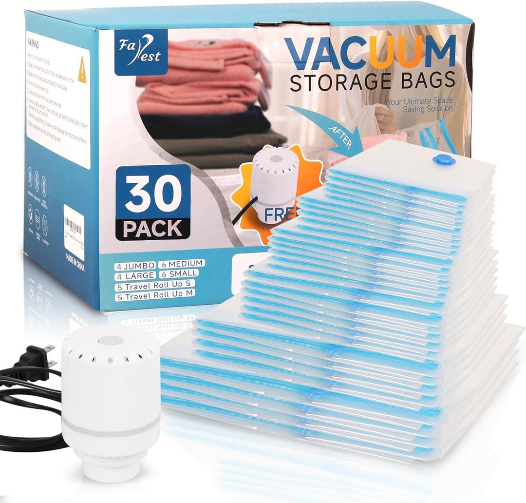 Vacuum Storage Bags with Electric Air Pump, 30 Pack Compression Bag, Space Saving Vacuum Sealer Bags for Clothes, Blanket, Duvets, Pillows, Comforters Travel, Two Compressing Ways